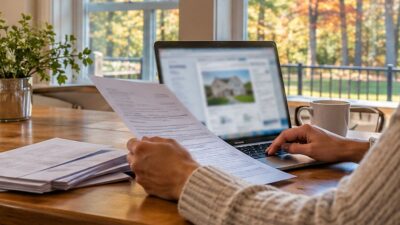 Homeowner reviewing property documents and a laptop while checking a property tax assessment