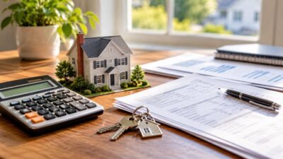 Calculator, model house, and financial documents illustrating New Hampshire property tax calculations