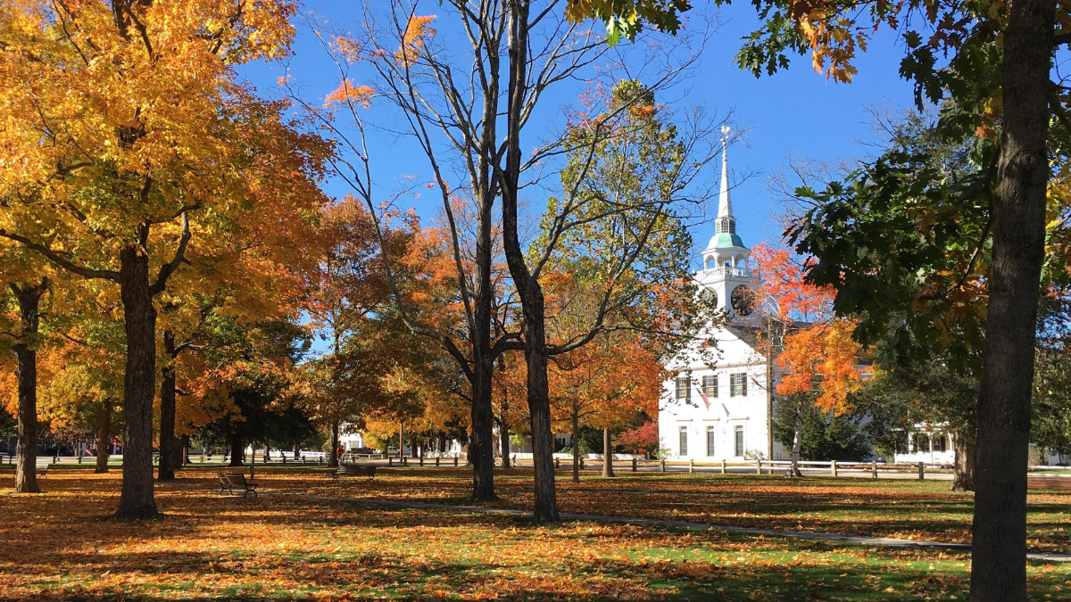 Historic Amherst Village Green in New Hampshire surrounded by autumn foliage